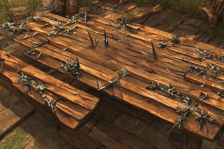 Prompt: a rustic rectangle wooden table with lots of spikes sticking out of it. Dungeons and dragons fantasy digital art, artstation highquality 4k