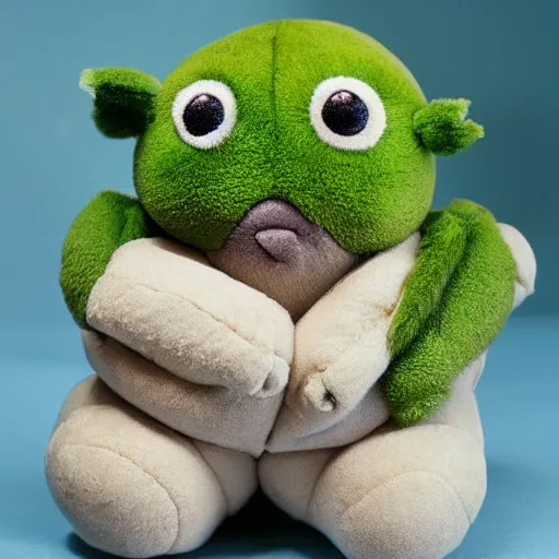 Prompt: plush tardigrade doll with plush broccoli to eat, cute, fluffy, fuzzy, kind, loving, tender