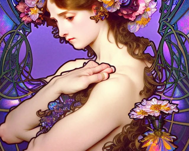 Image similar to overlord, rococo and art nouveau fusion, iridescent diaphanous refractive and reflective flower bouquet, tarot card, highly detailed, deep focus, elegant, digital painting, smooth, sharp focus, illustration, ultra realistic, 8 k, art by artgerm and alphonse mucha