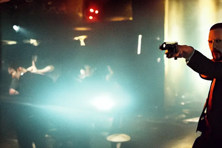 Image similar to film still of Tom Hardy as Max Payne in a nightclub with bright contrasting strobe lights in the Max Payne movie, 4k