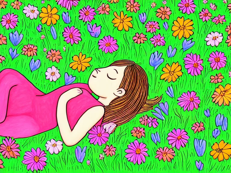 Image similar to drawing of girl laying down in the lawn full of flowers that smells like honey amongst forest with her soul connected to the nature around her. in naive art style