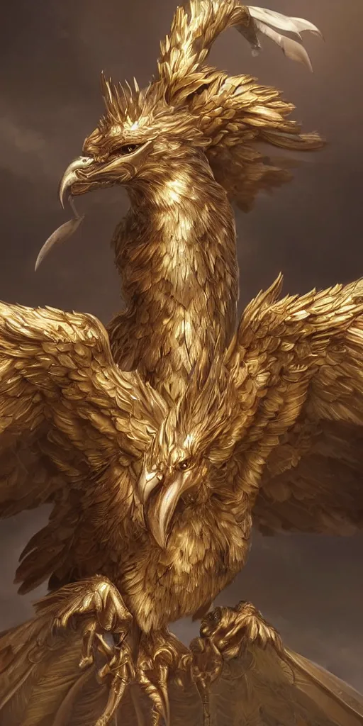 Prompt: a powerful griffin, chest armor, fantasy, professionally retouched, soft lighting, powerful, realistic, smooth feathers, perfect golden eyes, wide angle, sharp focus on whole body, 8 k high definition, insanely detailed, intricate, elegant, art by artgerm and wlop