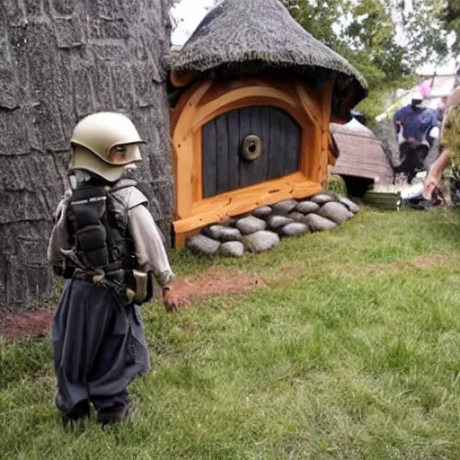 Image similar to a kid in swat gear storming a hobbit house.