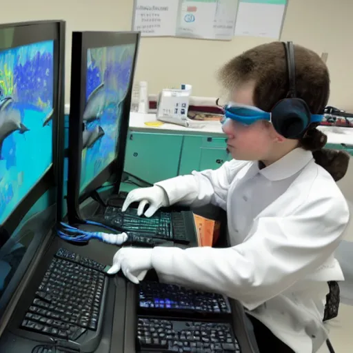 Image similar to A dolphin wearing a chemist outfit playing games on a computer