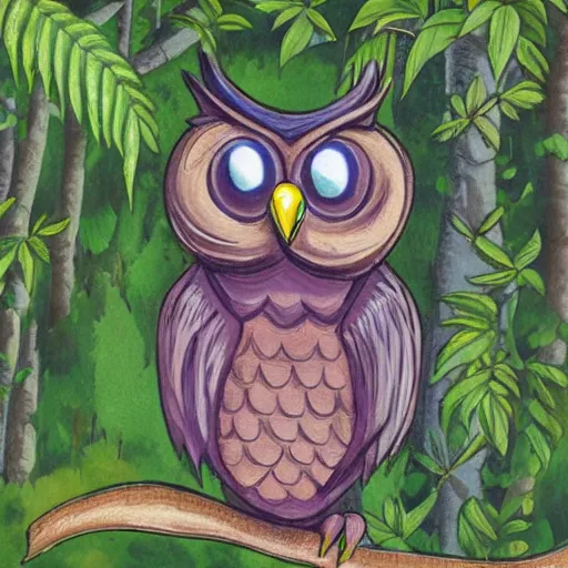 Image similar to an anthropomorphic owl in a lush forest