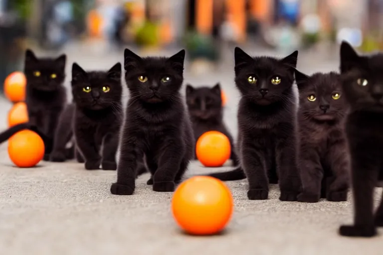 Image similar to a bunch of black kittens with beautiful glowing orange eyes, in the city having a great time, award winning photo, 4k very sharp and detailed