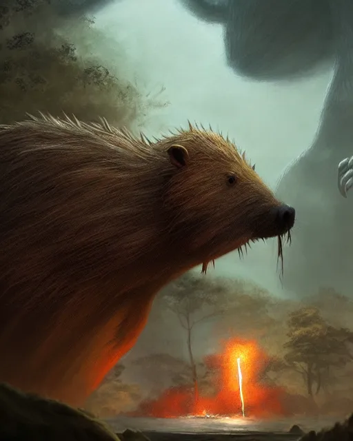 Image similar to giant capybara monster feasting on the remains of godzilla, woodlands, magic the gathering artwork, D&D, fantasy, cinematic lighting, centered, symmetrical, highly detailed, digital painting, artstation, concept art, smooth, sharp focus, illustration, volumetric lighting, epic Composition, 8k, art by Akihiko Yoshida and Greg Rutkowski and Craig Mullins, oil painting, cgsociety