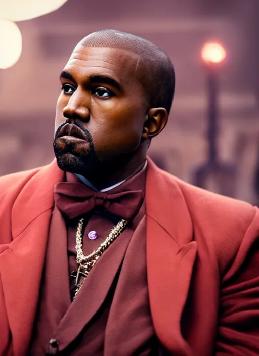 Image similar to portrait kanye west as willy wonka in django unchained, splash art, movie still, cinematic lighting, long lens, shallow depth of field, bokeh, anamorphic lens flare, 8 k, hyper detailed, 3 5 mm film grain