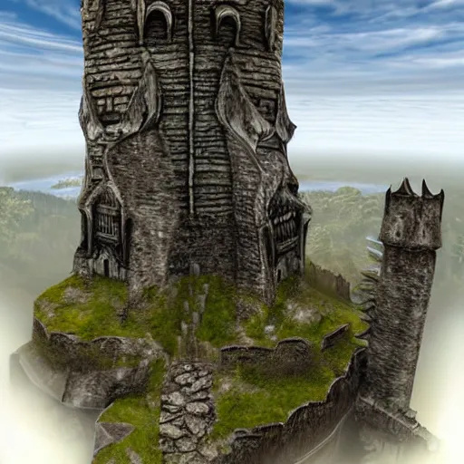 Image similar to Elder Scrolls Skyrim castle tower that is shaped like a fox head, digital art