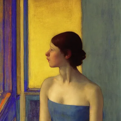 Image similar to close up of a girl in a blue and gold haunted liminal abandoned room, film still by edward hopper, by Pontormo, by klimt, art noveau, highly detailed, strong lights, liminal, eerie, Bright pastel colors