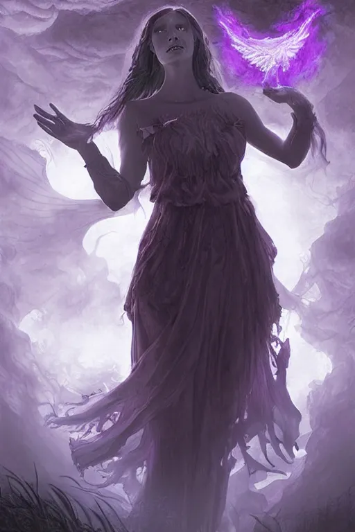 Image similar to a standing witch from D&D called Victoria conjuring a spell surrounded by violet rays and overlays, dark fantasy illustration, realistic, soft lighting, art by Artgerm and Peter tang,