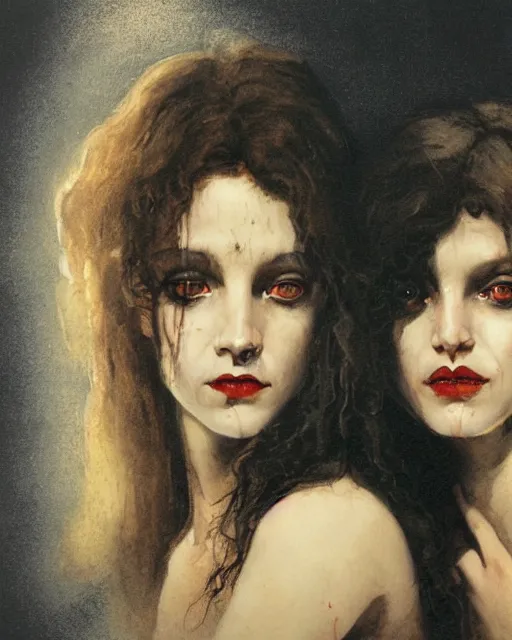 Prompt: two handsome but sinister young women in layers of fear, v devonshire, with haunted eyes and wild hair, 1 9 7 0 s, seventies, wallpaper, a little blood, moonlight showing injuries, delicate embellishments, painterly, offset printing technique, by john howe, brom, robert henri, walter popp