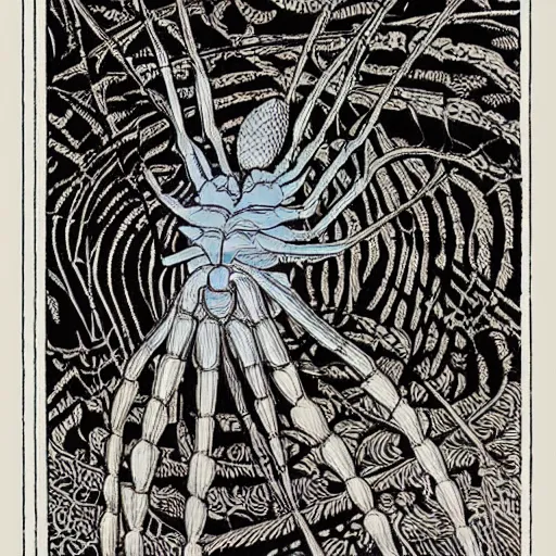 Prompt: a girl with a spider, colored woodcut, print, by Mackintosh, art noveau, by Ernst Haeckel, by Tsutomu Nihei