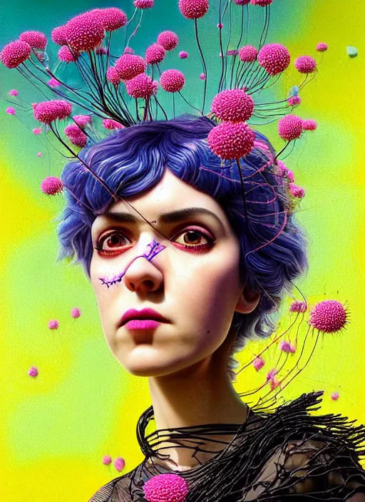 Image similar to hyper detailed 3d render like a Oil painting - Ramona Flowers with black hair in thick mascara seen seriously Eating of the Strangling network of colorful yellowcake and aerochrome and milky Fruit and Her delicate Hands hold of gossamer polyp blossoms bring iridescent fungal flowers whose spores black the foolish stars by Jacek Yerka, Mariusz Lewandowski, Houdini algorithmic generative render, Abstract brush strokes, Masterpiece, Edward Hopper and James Gilleard, Zdzislaw Beksinski, Mark Ryden, Wolfgang Lettl, Dan Hiller, hints of Yayoi Kasuma, octane render, 8k