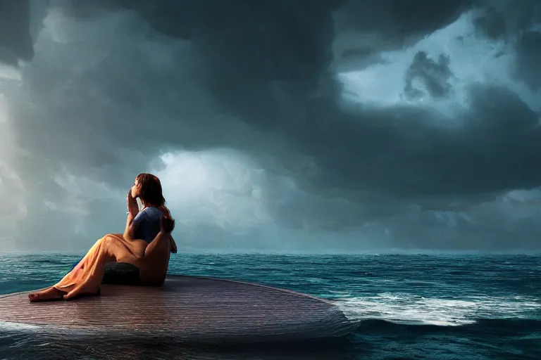 Image similar to A beautiful woman sitting on a giant open book in the middle of the ocean during a storm, dramatic lighting, cinematic, 8k HDR, highly detailed, high quality, octane render, unreal engine 5, path tracing, turbulent sea, concept art, trending on Artstation