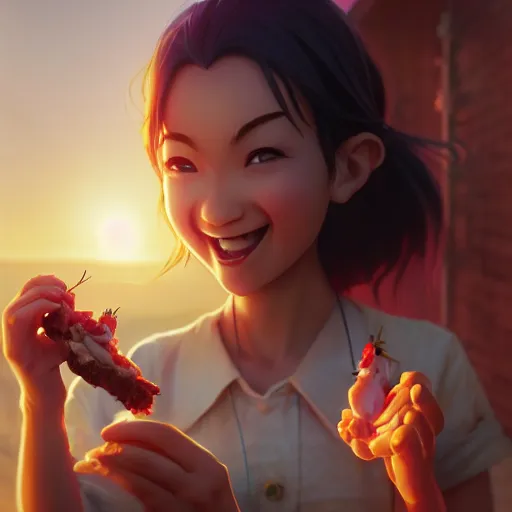 Prompt: movie still macro close photo of smiling anonymous holding pork stirfry to face, by weta disney pixar greg rutkowski wlop ilya kuvshinov rossdraws artgerm octane render iridescent, bright morning, anime, liosh, mucha