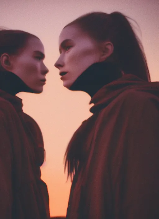 Prompt: cinestill 5 0 d photographic portrait of two loving female androids wearing rugged black techwear on a desolate plain with a red sky in front of a brutalist dark metal building, extreme closeup, cyberpunk style, dust storm, 8 k, hd, high resolution, 3 5 mm, f / 3 2, ultra realistic faces, ex machina