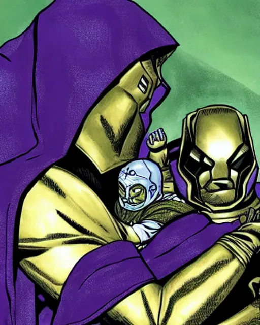 Image similar to Doctor Doom, in full armor, cradling an infant Thanos, photorealistic, beautiful, family,