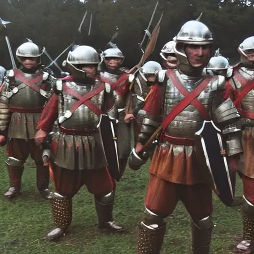 Image similar to a photo taken on a phone of a group of pike men wearing helmets getting ready to charge into battle.