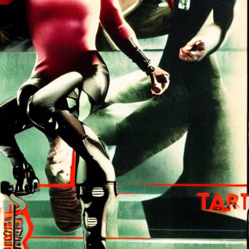 Prompt: Trinity the matrix, running as a sprinter athletic attire with cyborg legs, diesel punk, athletic footage, 1980's, olympics, cinematic, art deco