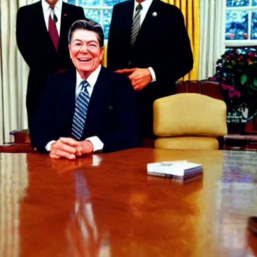 Prompt: a minion with president ronald reagan, zoom photograph, oval office,