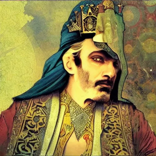 Image similar to the king of persia wearing a tin foil hat, sharp focus, illustration, art by greg rutkowski and alphonse mucha''