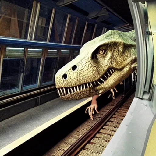 Prompt: a t - rex stucks in a train