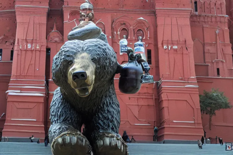 Prompt: a gigantic statue of bear holding a bottle of vodka in the middle of the red square, symmetry, awesome exposition, very detailed, highly accurate, 8 k, professional lighting diffracted lightrays, sense of awe