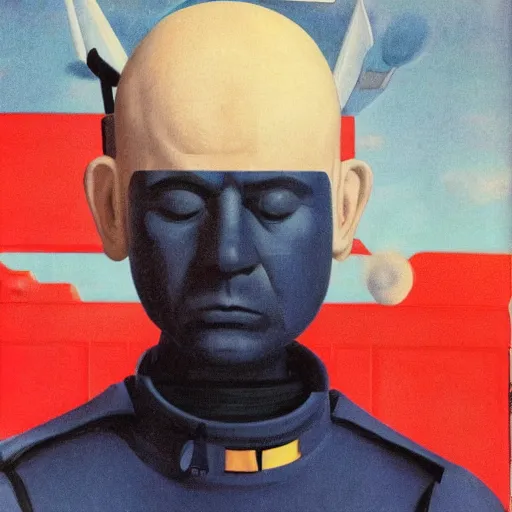 Image similar to a scottish-space-captain who is balding gives you a smirk on his star fleet ship by Raphael, Hopper, and Rene Magritte. detailed, romantic, enchanting, trending on artstation.