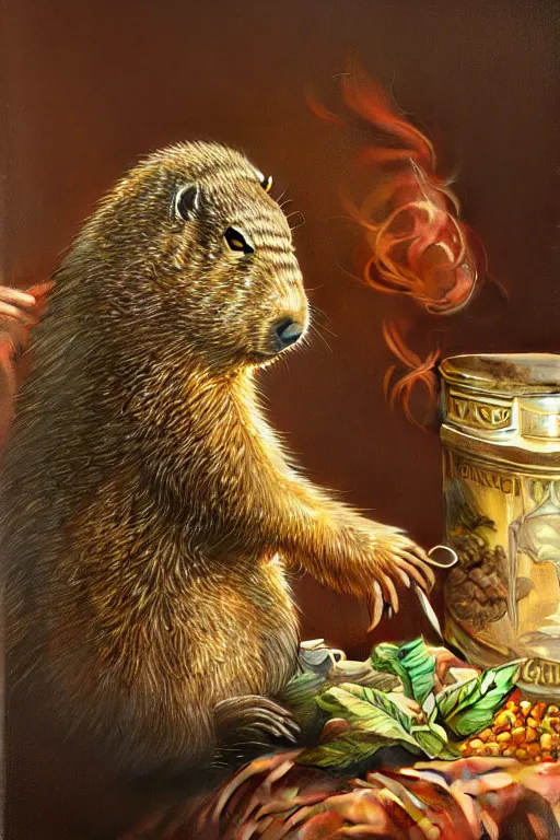 Image similar to groundhog smoking pot in a bed, realistic portrait, highly detailed, digital painting, artstation, concept art, smooth, sharp focus, illustration, cinematic lighting, art by artgerm and greg rutkowski and alphonse mucha