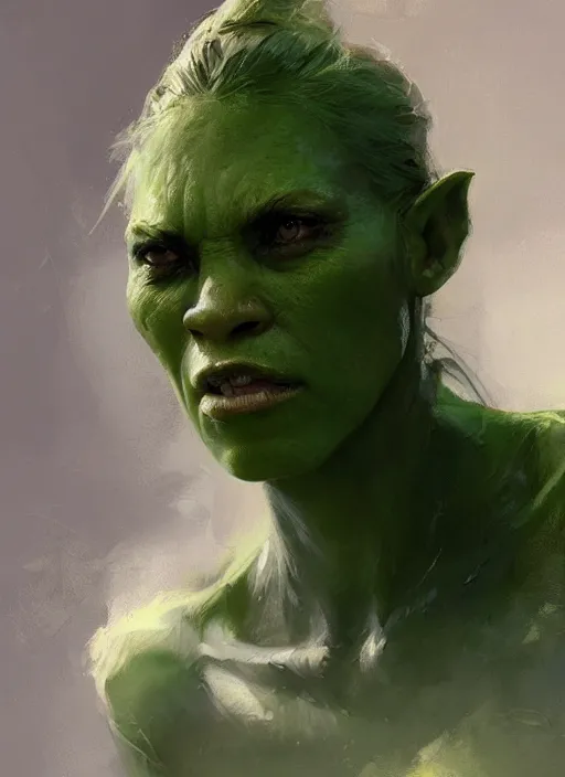 Image similar to green orc female, light green tone beautiful face, by jeremy mann, by greg rutkowski, digital painting