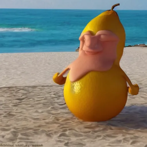 Prompt: a humonid muscular lemon cartoon character, is relaxing on a beach,, inspired by dalle - 2 generations