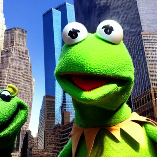 Prompt: kermit the frog selfie in front of world trade center twin towers, phone camera, selfie, green muppet, new york city, downtown, posing