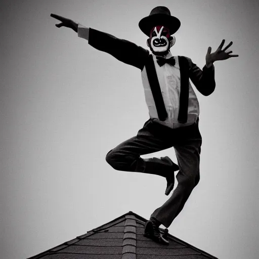 Prompt: Clown dancing in suspenders on a triangular roof, anthropology, ethnology, biology, 8k, realistic
