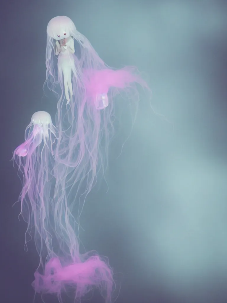 Image similar to cute fumo plush smiling ectoplasmic gothic jellyfish ghost girl waving in deep fog over mysterious waters, reflective river bank in the midst of a forgotten forest, glowing pink wisps of hazy green smoke and eerie blue volumetric fog swirling about, moonlight, glowing lens flare, black and white, refraction, vray