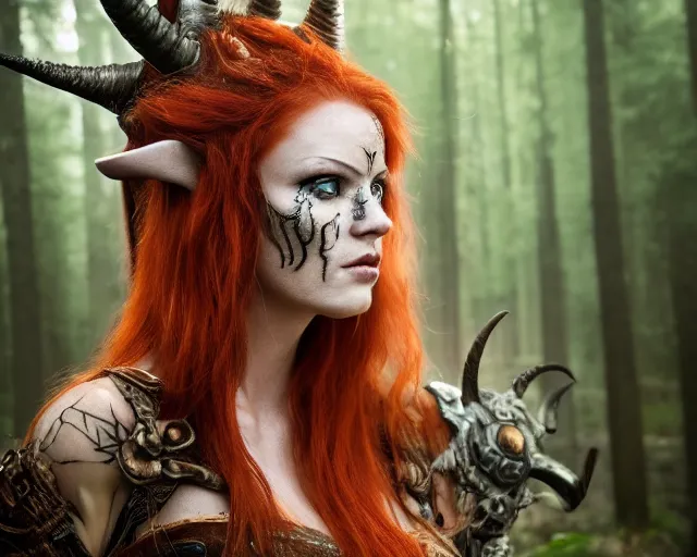 Prompt: 5 5 mm portrait photo of an armored gorgeous anesthetic redhead woman warrior with a face tattoo and horns growing from her head, in a magical forest. by luis royo. highly detailed 8 k. intricate. lifelike. soft light. nikon d 8 5 0. cinematic post - processing