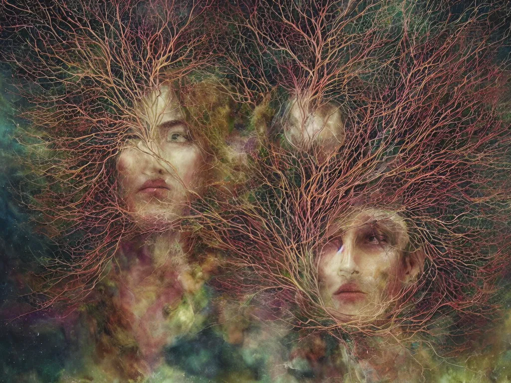 Prompt: a artistic multicalors zoom out picture with singular human -tree with crown like mycelium branches highly detailed by Agostino Arrivabene, by Agnes Cecile and by Agnes Lawrence Pelton