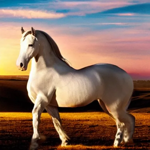 Image similar to harrison ford on a white stallion, photogenic, realistic, sunset, detailed, 4 k