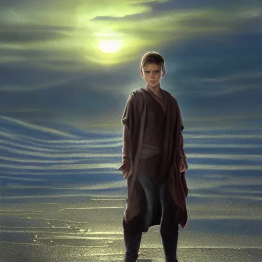 Image similar to a young male jedi with short dark blonde hair standing still looking at the sunset concept art by Doug Chiang cinematic, realistic painting, high definition, concept art, portait image, path tracing, serene landscape, high quality, highly detailed, 8K, soft colors, warm colors, turbulent sea, high coherence, anatomically correct, hyperrealistic, concept art, defined face, five fingers, symmetrical