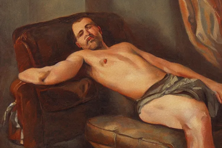 Image similar to a oil painting painting of a caucasian man wearing clothing relaxing on a brown reclined leather chair