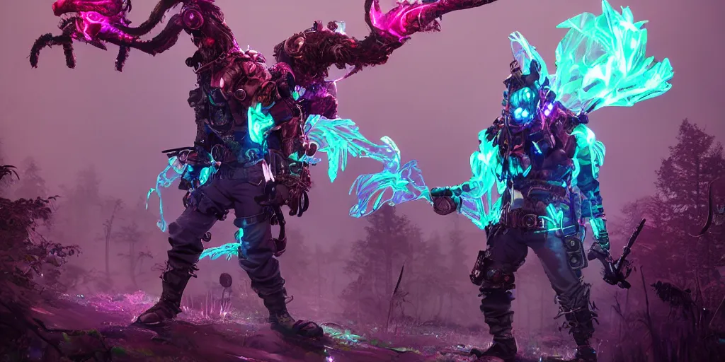 Prompt: gamekeeper hunting for mystical forest monster and wearing a steampunk and neonpunk mechanical fluorescent mystical animal mask realism in style of fornite game. bio luminescent, plasma, ice, water, wind, creature, artwork by tooth wu and wlop and beeple and greg rutkowski, epic cinematic shot, perfectly defined features, ambient occlusion
