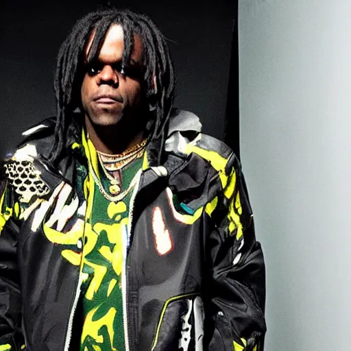 Image similar to chief keef wearing a cyberpunk outfit