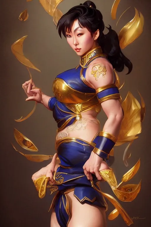 Image similar to beautiful chun li, full body shot, d & d, fantasy, intricate, elegant, highly detailed, digital painting, artstation, concept art, matte, sharp focus, illustration, hearthstone, art by artgerm and greg rutkowski and alphonse mucha