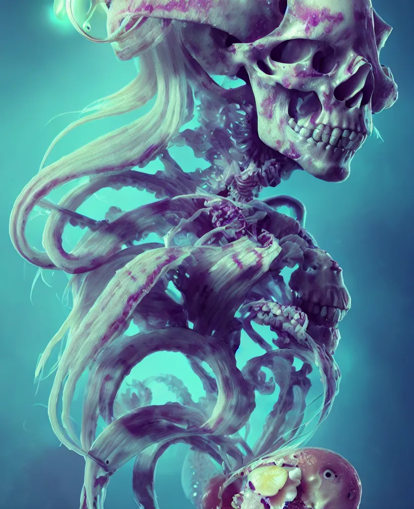 Image similar to goddess close - up portrait human skeleton, ram skull, squid phoenix jellyfish, orchid, betta fish, bioluminiscent, intricate artwork by tooth wu and wlop and beeple. octane render, trending on artstation, greg rutkowski very coherent symmetrical artwork. cinematic, hyper realism, high detail, octane render, 8 k