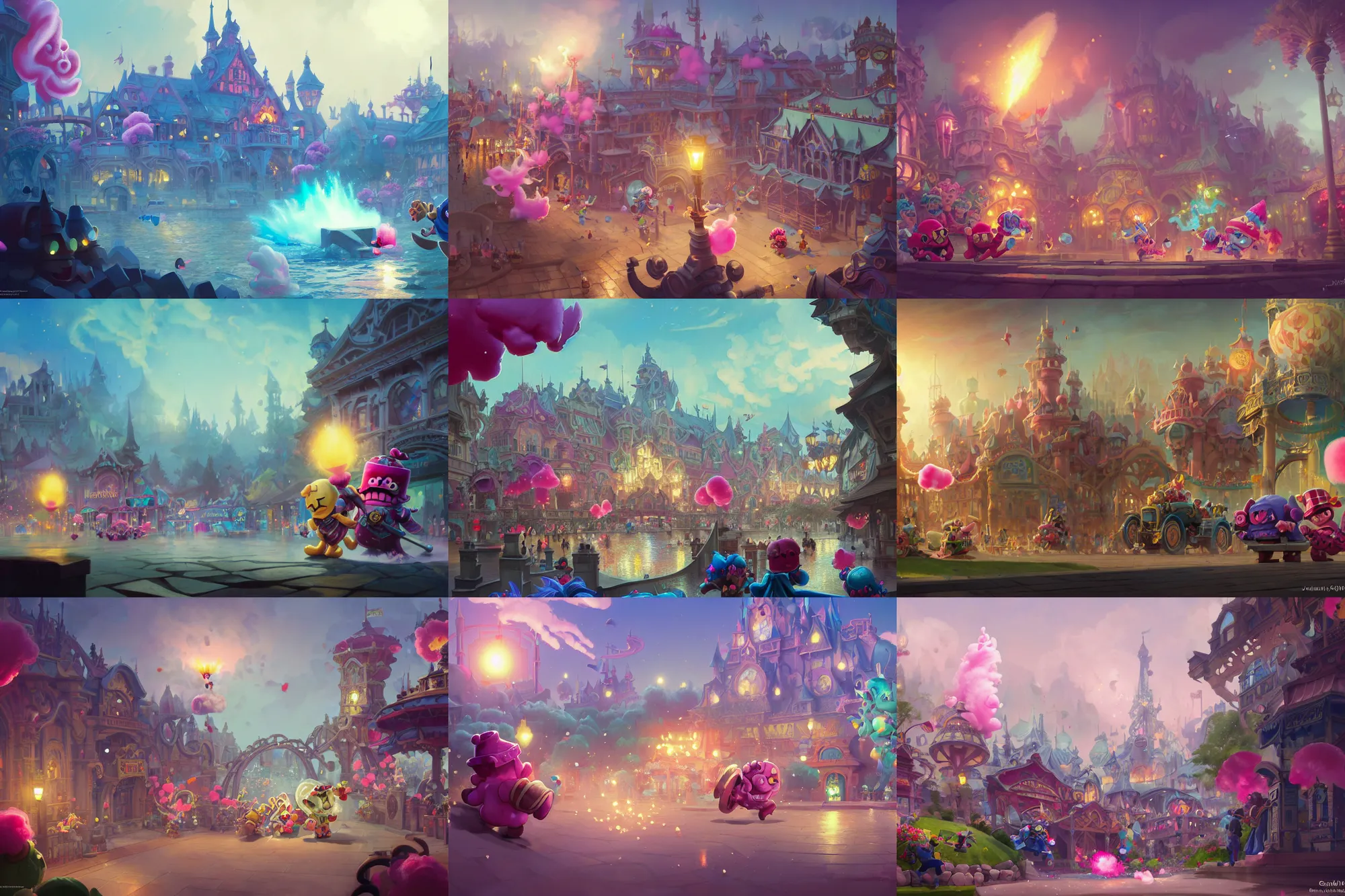 Prompt: splash art brawlstars, light dust, magnificent, theme park, roller coasters, cotton candy bushes, day time, noon, amusement park, medium shot, details, sharp focus, elegant, highly detailed, illustration, by Jordan Grimmer and greg rutkowski and ocellus and alphonse mucha and wlop, intricate, beautiful, Trending artstation, pixiv, digital Art