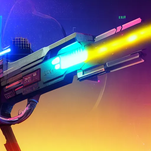 Prompt: laser pulse rifle, future outlined by whirling illuminated neon lines, outrun, vaporware, shaded flat illustration, digital art, trending on artstation, highly detailed, fine detail, intricate