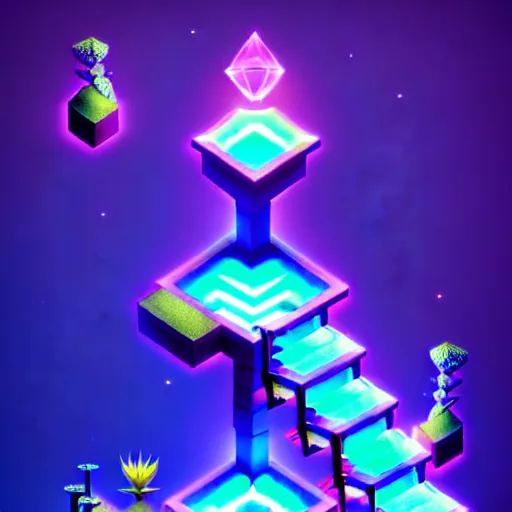Prompt: mobile game asset, isometric staircase with crystals, organic low poly vector design, the stair has bioluminescent alien - like plants of pandora growing along the staircase, aesthetic of avatar's alien nature. very dark place at blue night, purple cyan, orange smooth glowdodge dark light, photoshop filter low poly behance hd