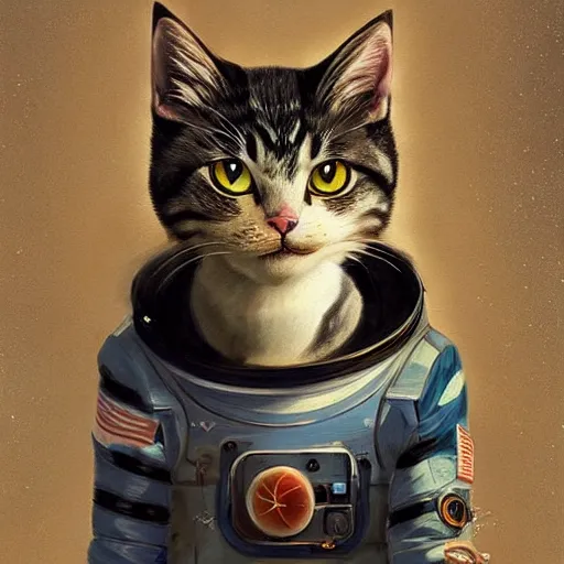 Image similar to head and shoulders masterpiece portrait of a cute adorable cat wearing a spacesuit, surreal background, digital art by krenz cushart, trending on artstation, cgsociety,