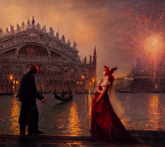 Image similar to photography of a 1 8 th couple in venice with fireworks, deep focus, intricate, elegant, highly detailed, digital painting, artstation, concept art, matte, sharp focus, illustration, art by artgerm and greg rutkowski and alphonse mucha and gil elvgren