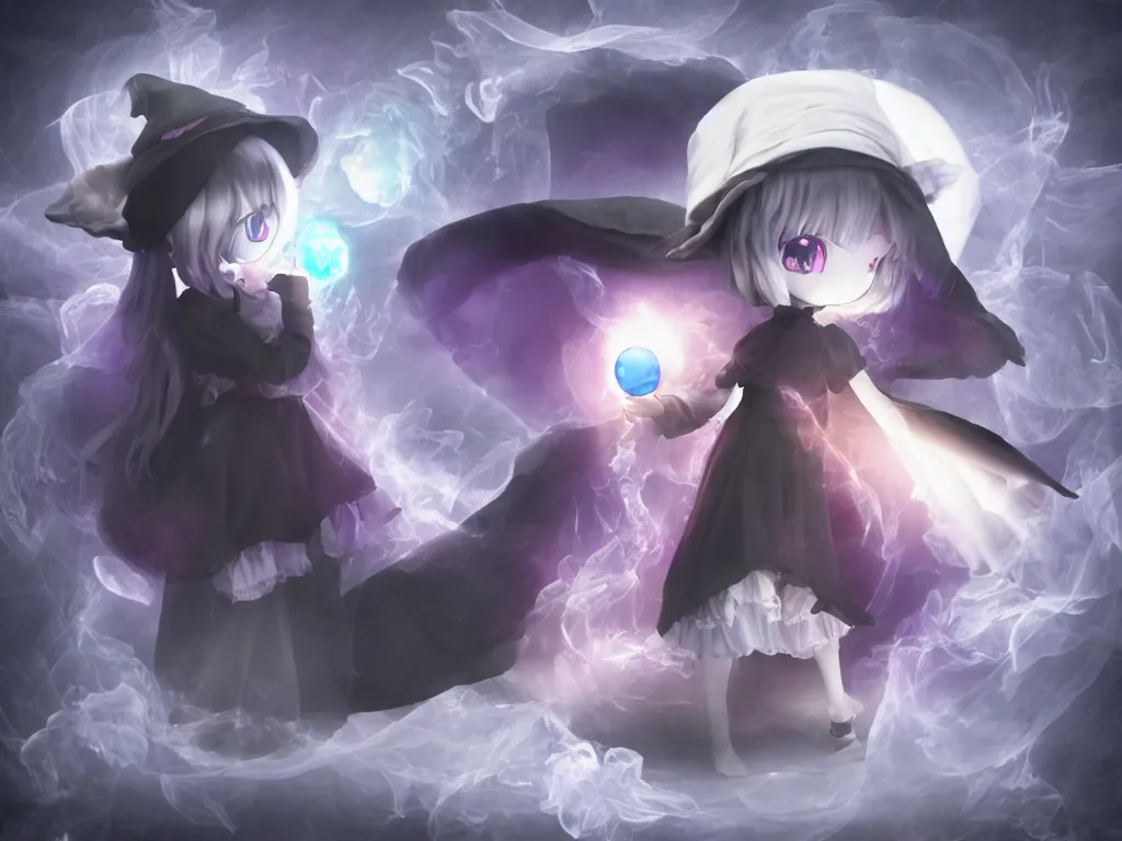 Image similar to cute fumo plush girl gazing into a crystal ball swirling with strange energy, casting a powerful spell, black and white eldritch gothic horror, smoke and volumetric fog, witch girl, soothsayer, lens flare glow, chibi anime, vray